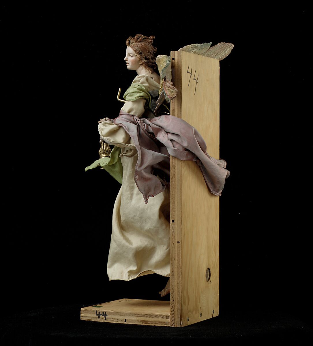 Angel, Attributed to Giuseppe Sanmartino (Italian, 1720–1793), Polychromed terracotta head; wooden limbs and wings; body of wire wrapped in tow; various fabrics, Italian, Naples
