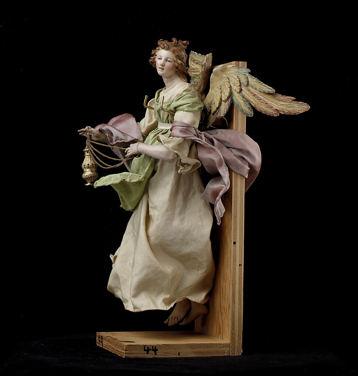 Angel, Attributed to Giuseppe Sanmartino (Italian, 1720–1793), Polychromed terracotta head; wooden limbs and wings; body of wire wrapped in tow; various fabrics, Italian, Naples