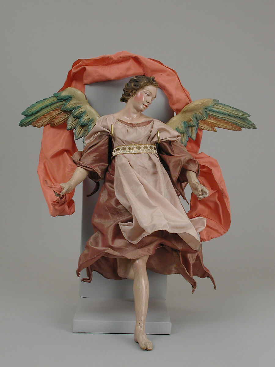 Angel, Attributed to Lorenzo Mosca (died 1789), Polychromed terracotta head; wooden limbs and wings; body of wire wrapped in tow; various fabrics, Italian, Naples 