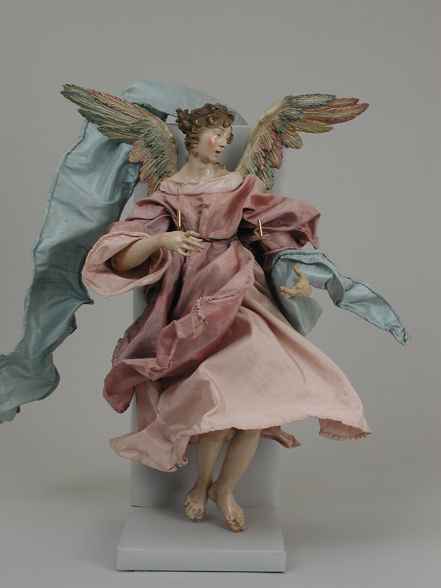 Angel, Attributed to Giuseppe Sanmartino (Italian, 1720–1793), Polychromed terracotta head; wooden limbs and wings; body of wire wrapped in tow; various fabrics, Italian, Naples 