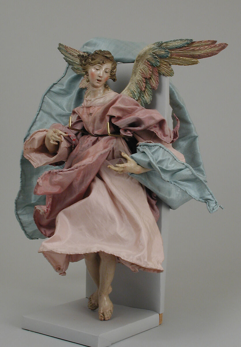 Angel, Attributed to Giuseppe Sanmartino (Italian, 1720–1793), Polychromed terracotta head; wooden limbs and wings; body of wire wrapped in tow; various fabrics, Italian, Naples