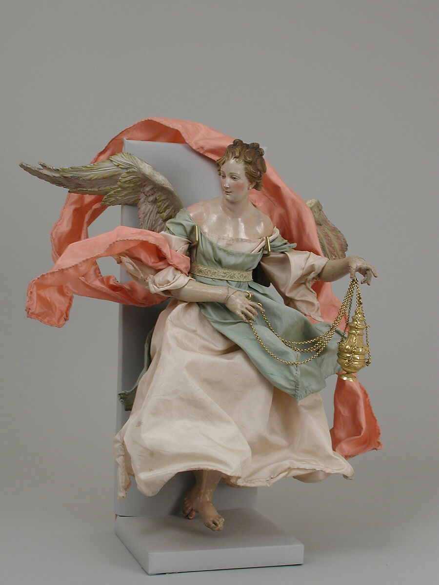 Angel, Attributed to Giuseppe Sanmartino (Italian, 1720–1793), Polychromed terracotta head; wooden limbs and wings; body of wire wrapped in tow; various fabrics, Italian, Naples 