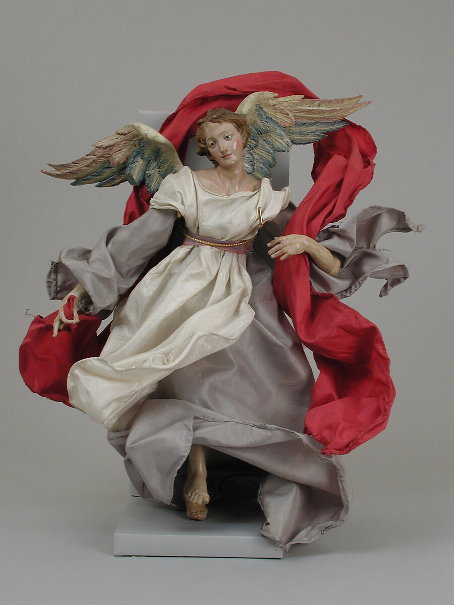 Angel, Attributed to Giuseppe Sanmartino (Italian, 1720–1793), Polychromed terracotta head; wooden limbs and wings; body of wire wrapped in tow; various fabrics, Italian, Naples 