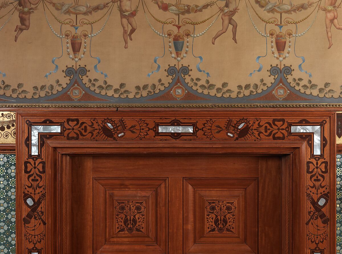 Architectural woodwork and paneling, George A. Schastey &amp; Co. (American, New York, 1873–1897), Satinwood, purpleheart, mother-of-pearl, silver-plated brass, mirrored glass, marble, and reproduction upholstery, American