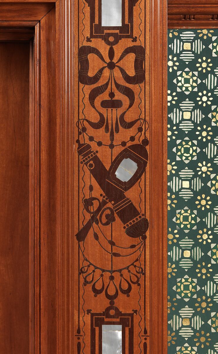 Architectural woodwork and paneling, George A. Schastey &amp; Co. (American, New York, 1873–1897), Satinwood, purpleheart, mother-of-pearl, silver-plated brass, mirrored glass, marble, and reproduction upholstery, American
