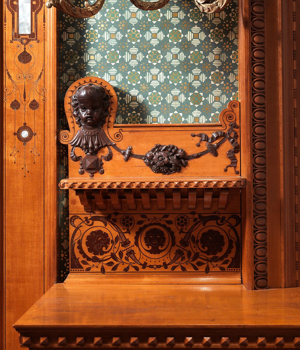 Architectural woodwork and paneling, George A. Schastey &amp; Co. (American, New York, 1873–1897), Satinwood, purpleheart, mother-of-pearl, silver-plated brass, mirrored glass, marble, and reproduction upholstery, American