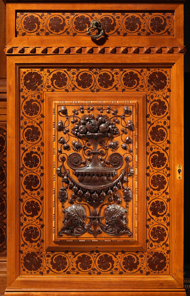 Architectural woodwork and paneling, George A. Schastey &amp; Co. (American, New York, 1873–1897), Satinwood, purpleheart, mother-of-pearl, silver-plated brass, mirrored glass, marble, and reproduction upholstery, American