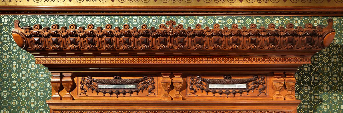 Architectural woodwork and paneling, George A. Schastey &amp; Co. (American, New York, 1873–1897), Satinwood, purpleheart, mother-of-pearl, silver-plated brass, mirrored glass, marble, and reproduction upholstery, American