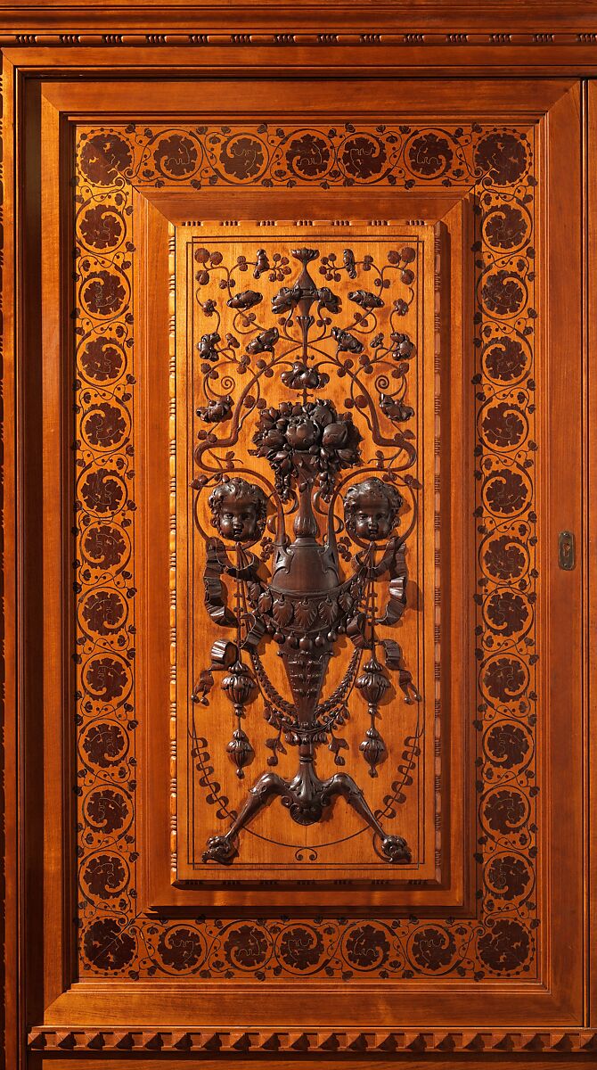 Architectural woodwork and paneling, George A. Schastey &amp; Co. (American, New York, 1873–1897), Satinwood, purpleheart, mother-of-pearl, silver-plated brass, mirrored glass, marble, and reproduction upholstery, American