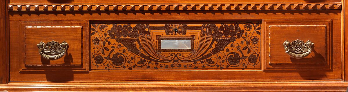 Architectural woodwork and paneling, George A. Schastey &amp; Co. (American, New York, 1873–1897), Satinwood, purpleheart, mother-of-pearl, silver-plated brass, mirrored glass, marble, and reproduction upholstery, American