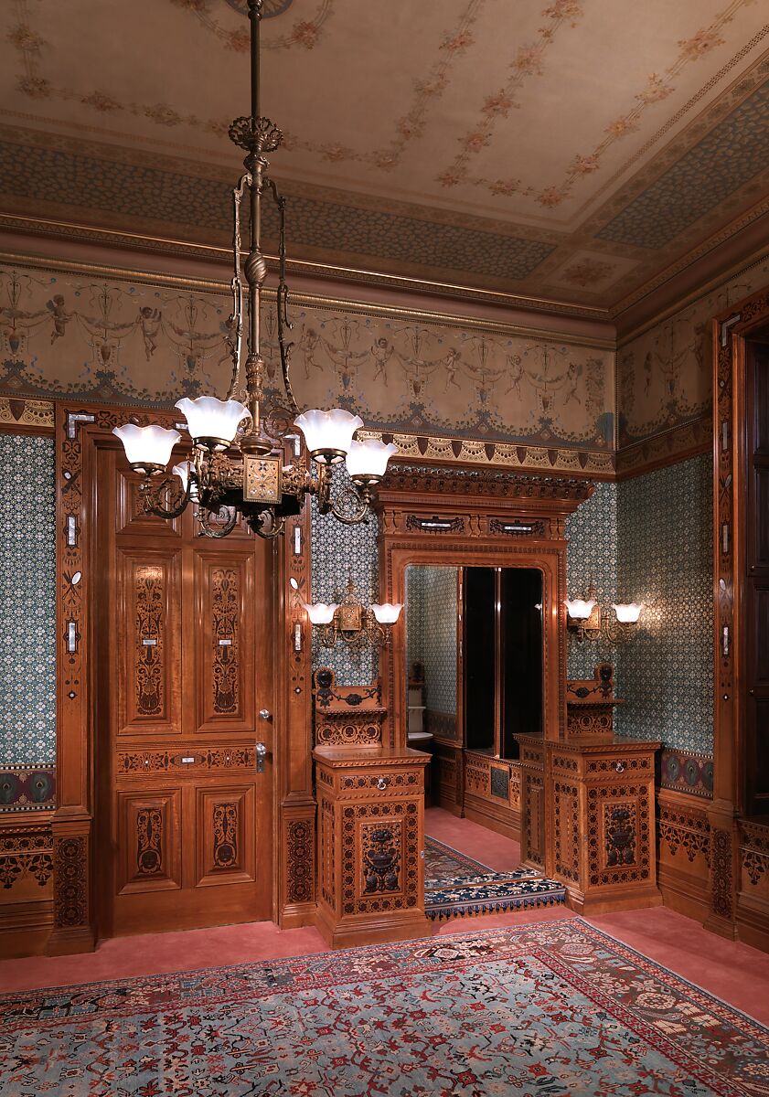 Architectural woodwork and paneling, George A. Schastey &amp; Co. (American, New York, 1873–1897), Satinwood, purpleheart, mother-of-pearl, silver-plated brass, mirrored glass, marble, and reproduction upholstery, American