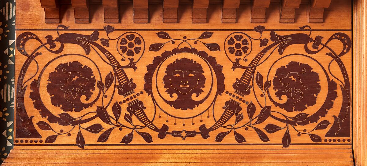 Architectural woodwork and paneling, George A. Schastey &amp; Co. (American, New York, 1873–1897), Satinwood, purpleheart, mother-of-pearl, silver-plated brass, mirrored glass, marble, and reproduction upholstery, American