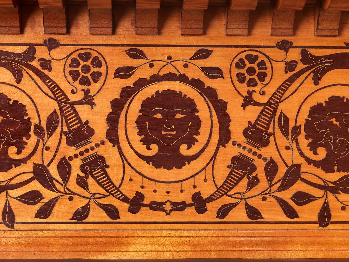 Architectural woodwork and paneling, George A. Schastey &amp; Co. (American, New York, 1873–1897), Satinwood, purpleheart, mother-of-pearl, silver-plated brass, mirrored glass, marble, and reproduction upholstery, American