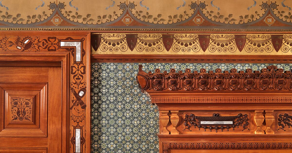 Architectural woodwork and paneling, George A. Schastey &amp; Co. (American, New York, 1873–1897), Satinwood, purpleheart, mother-of-pearl, silver-plated brass, mirrored glass, marble, and reproduction upholstery, American