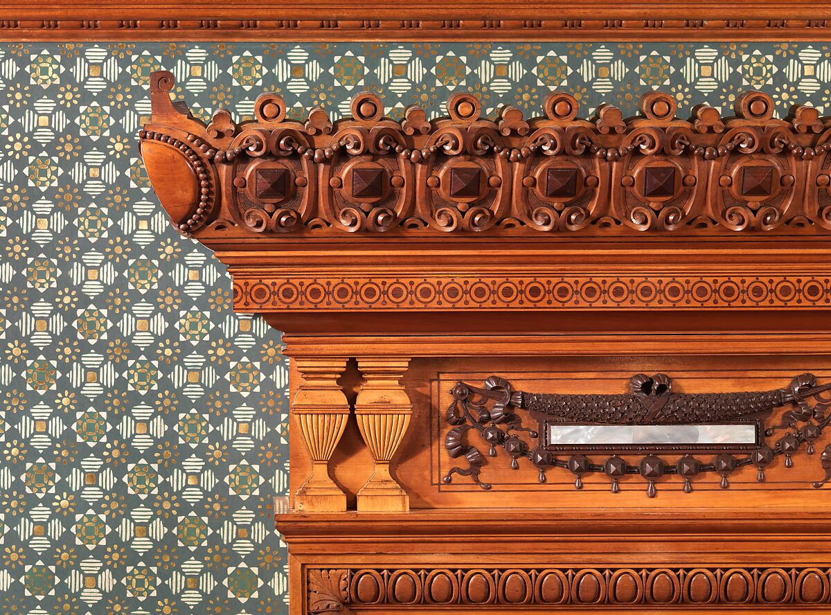 Architectural woodwork and paneling, George A. Schastey &amp; Co. (American, New York, 1873–1897), Satinwood, purpleheart, mother-of-pearl, silver-plated brass, mirrored glass, marble, and reproduction upholstery, American