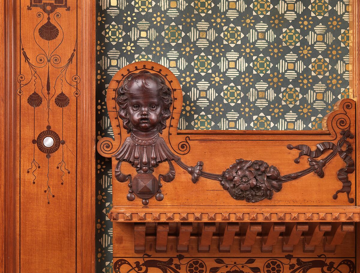 Architectural woodwork and paneling, George A. Schastey &amp; Co. (American, New York, 1873–1897), Satinwood, purpleheart, mother-of-pearl, silver-plated brass, mirrored glass, marble, and reproduction upholstery, American