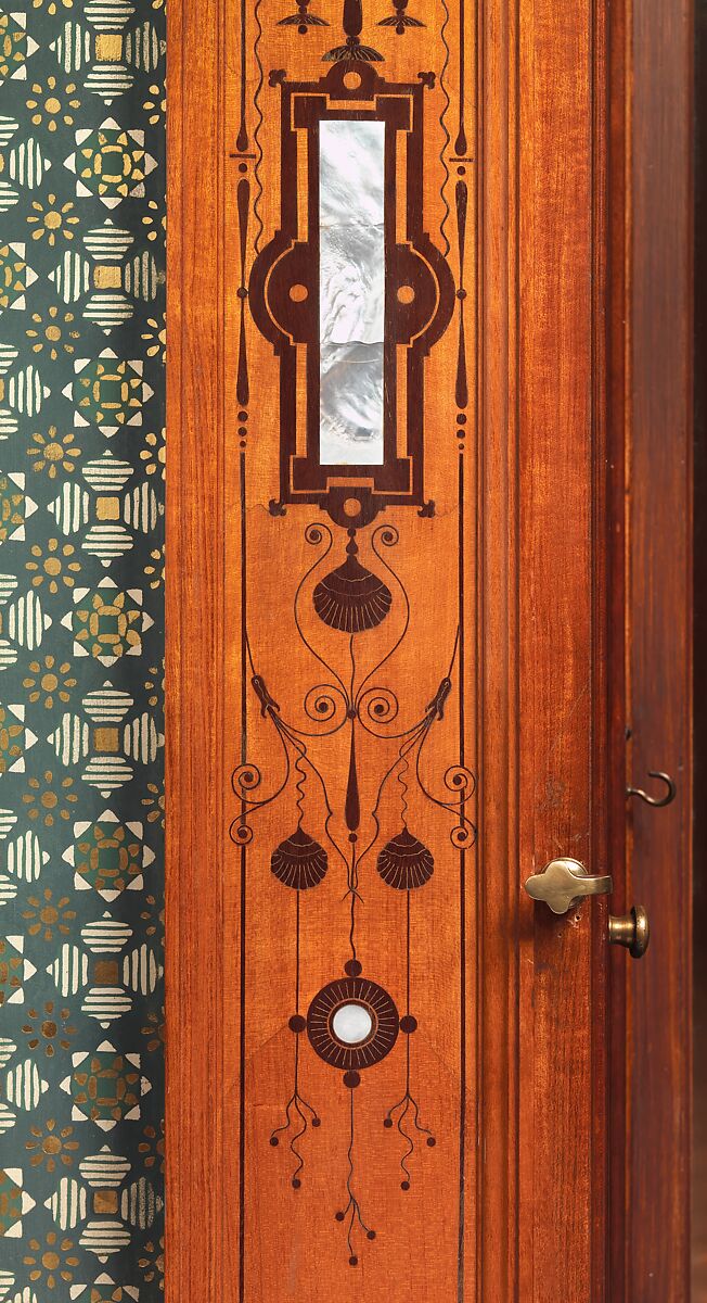 Architectural woodwork and paneling, George A. Schastey &amp; Co. (American, New York, 1873–1897), Satinwood, purpleheart, mother-of-pearl, silver-plated brass, mirrored glass, marble, and reproduction upholstery, American
