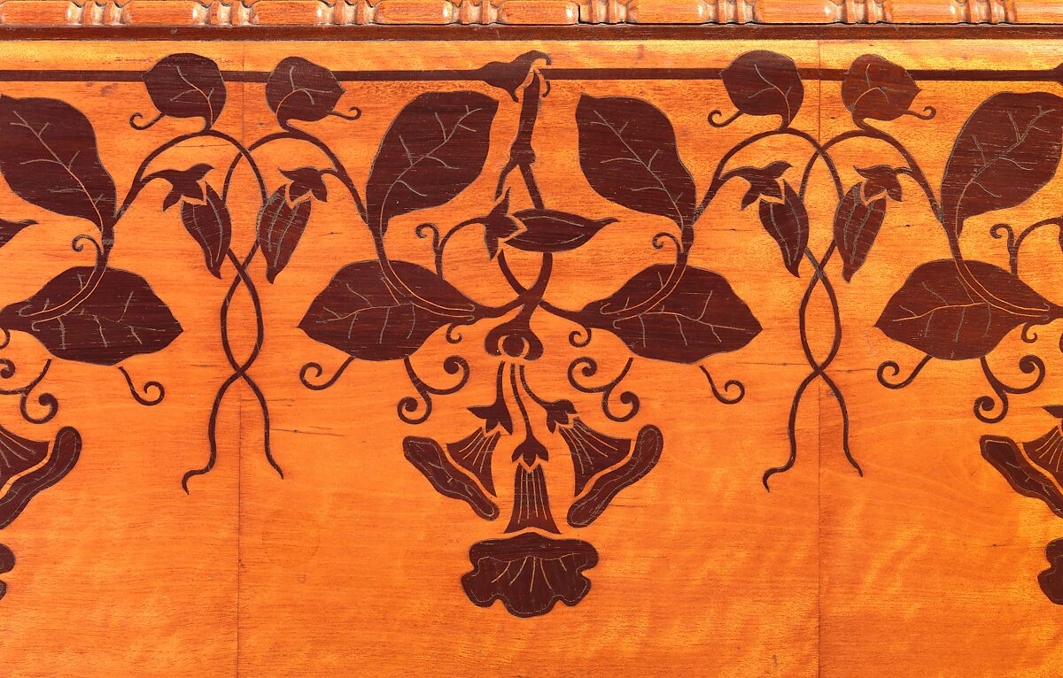 Architectural woodwork and paneling, George A. Schastey &amp; Co. (American, New York, 1873–1897), Satinwood, purpleheart, mother-of-pearl, silver-plated brass, mirrored glass, marble, and reproduction upholstery, American