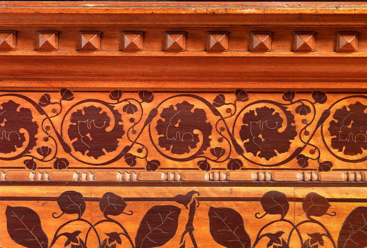 Architectural woodwork and paneling, George A. Schastey &amp; Co. (American, New York, 1873–1897), Satinwood, purpleheart, mother-of-pearl, silver-plated brass, mirrored glass, marble, and reproduction upholstery, American