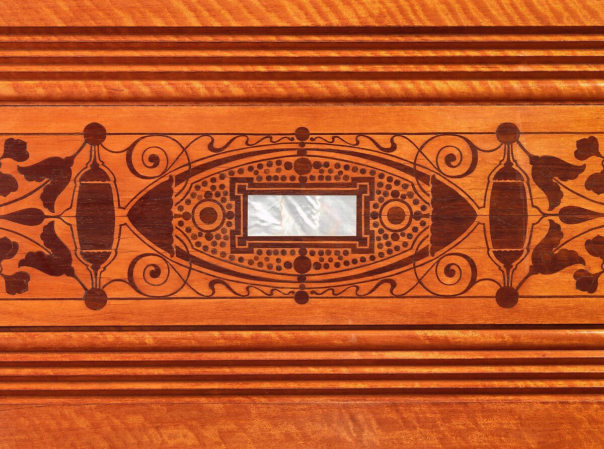 Architectural woodwork and paneling, George A. Schastey &amp; Co. (American, New York, 1873–1897), Satinwood, purpleheart, mother-of-pearl, silver-plated brass, mirrored glass, marble, and reproduction upholstery, American