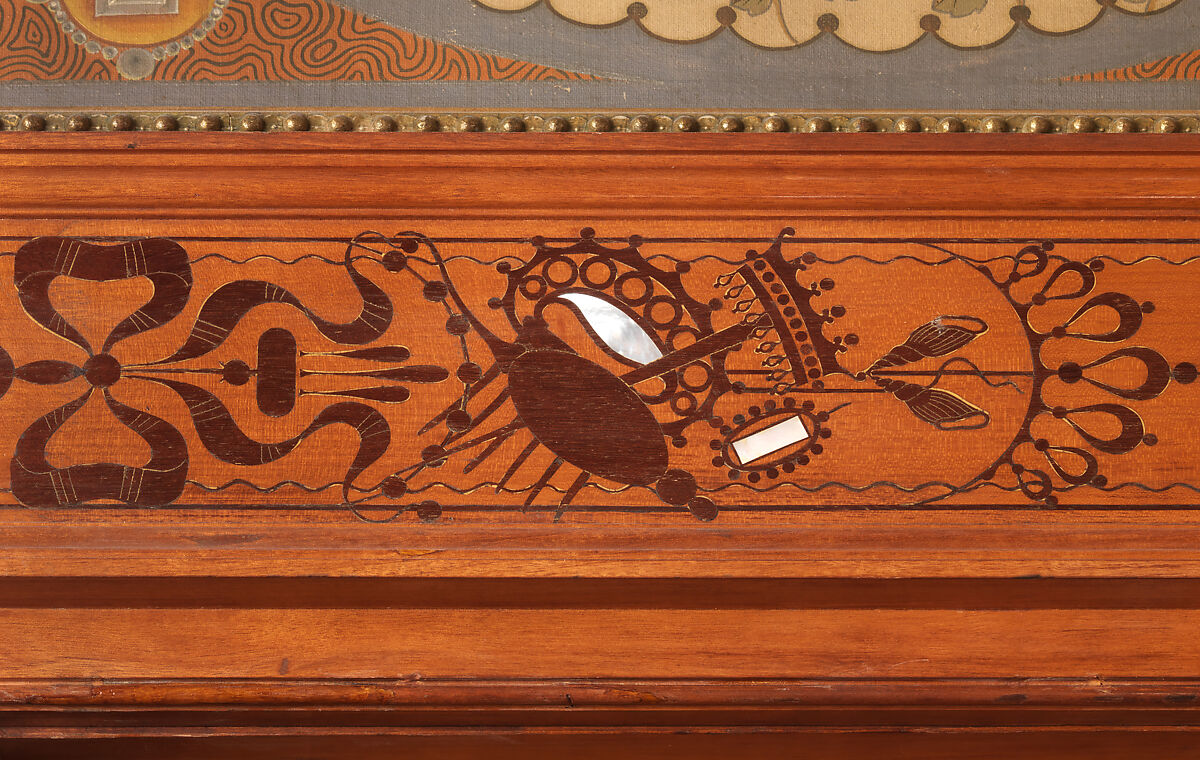 Architectural woodwork and paneling, George A. Schastey &amp; Co. (American, New York, 1873–1897), Satinwood, purpleheart, mother-of-pearl, silver-plated brass, mirrored glass, marble, and reproduction upholstery, American