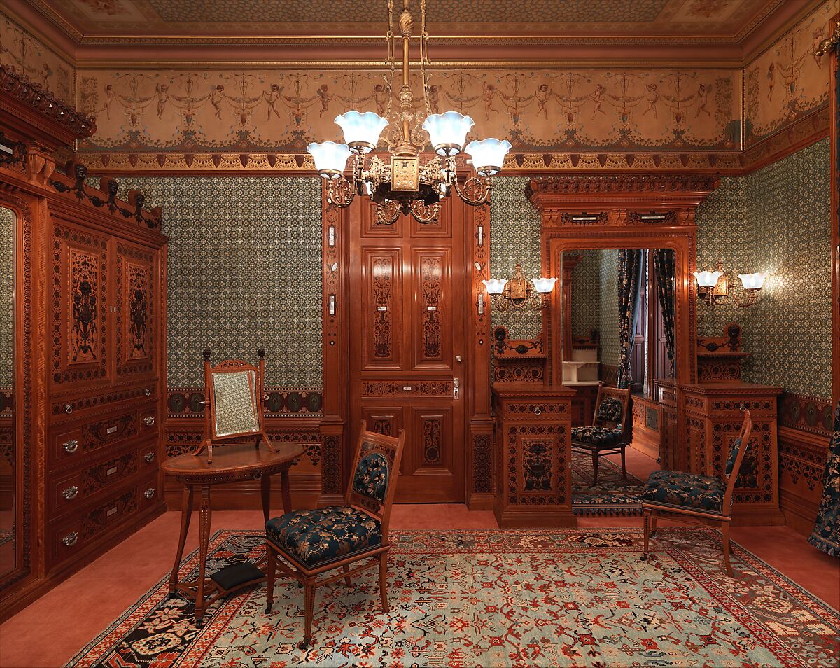 Architectural woodwork and paneling, George A. Schastey &amp; Co. (American, New York, 1873–1897), Satinwood, purpleheart, mother-of-pearl, silver-plated brass, mirrored glass, marble, and reproduction upholstery, American 