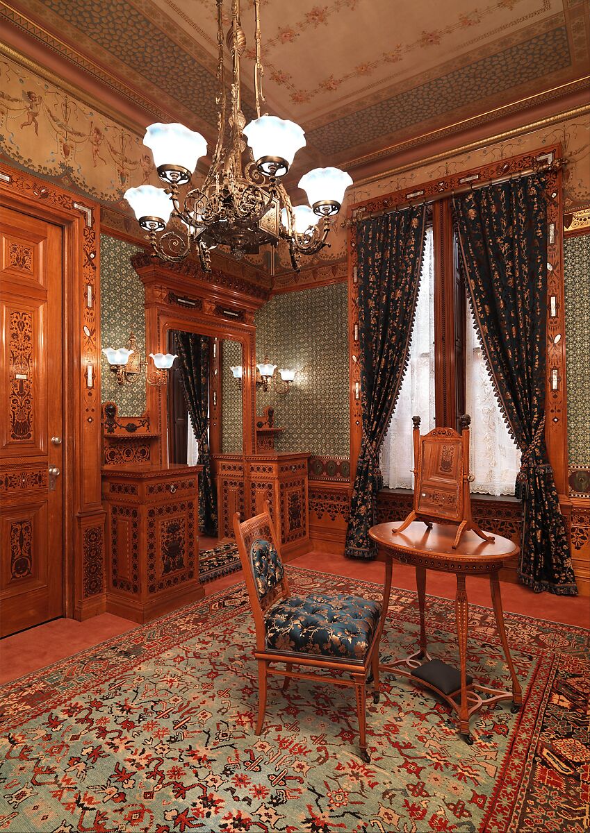 Architectural woodwork and paneling, George A. Schastey &amp; Co. (American, New York, 1873–1897), Satinwood, purpleheart, mother-of-pearl, silver-plated brass, mirrored glass, marble, and reproduction upholstery, American