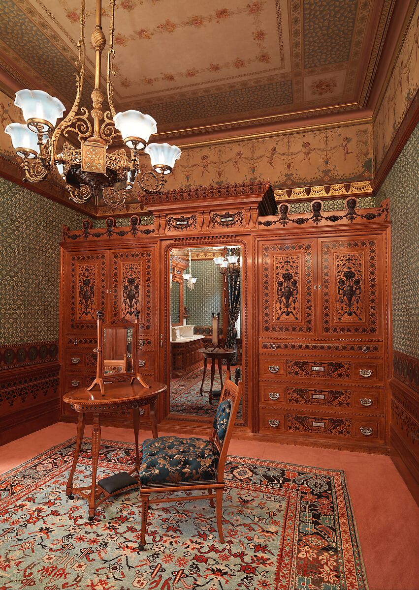 Architectural woodwork and paneling, George A. Schastey &amp; Co. (American, New York, 1873–1897), Satinwood, purpleheart, mother-of-pearl, silver-plated brass, mirrored glass, marble, and reproduction upholstery, American