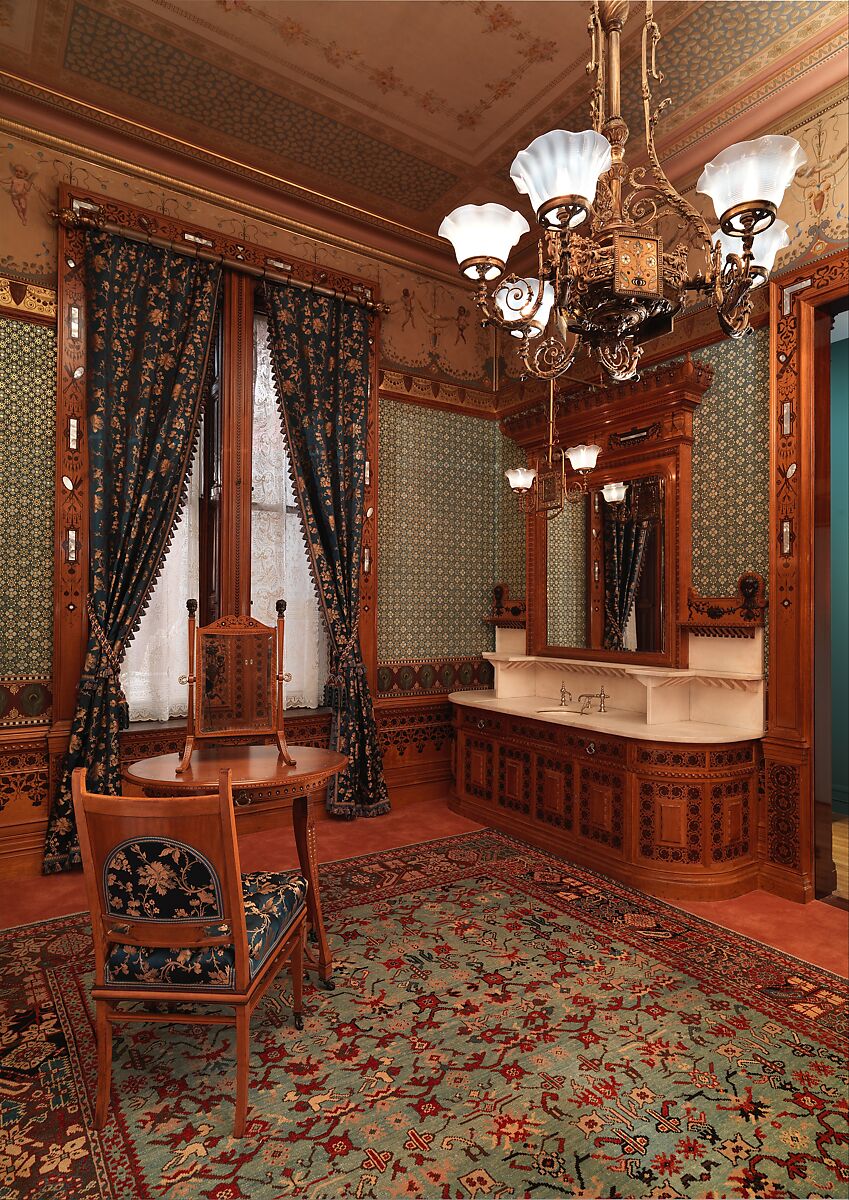 Architectural woodwork and paneling, George A. Schastey &amp; Co. (American, New York, 1873–1897), Satinwood, purpleheart, mother-of-pearl, silver-plated brass, mirrored glass, marble, and reproduction upholstery, American