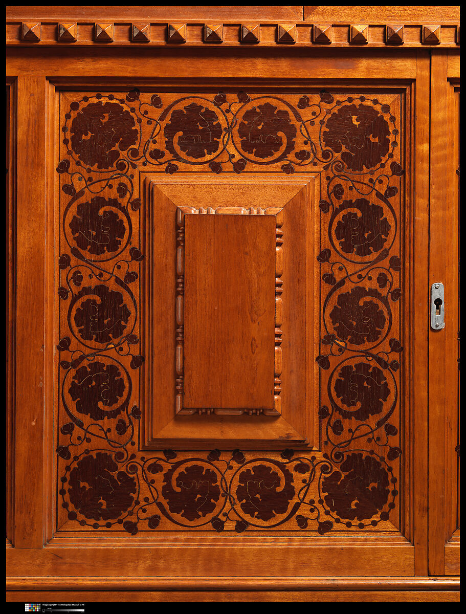Architectural woodwork and paneling, George A. Schastey &amp; Co. (American, New York, 1873–1897), Satinwood, purpleheart, mother-of-pearl, silver-plated brass, mirrored glass, marble, and reproduction upholstery, American