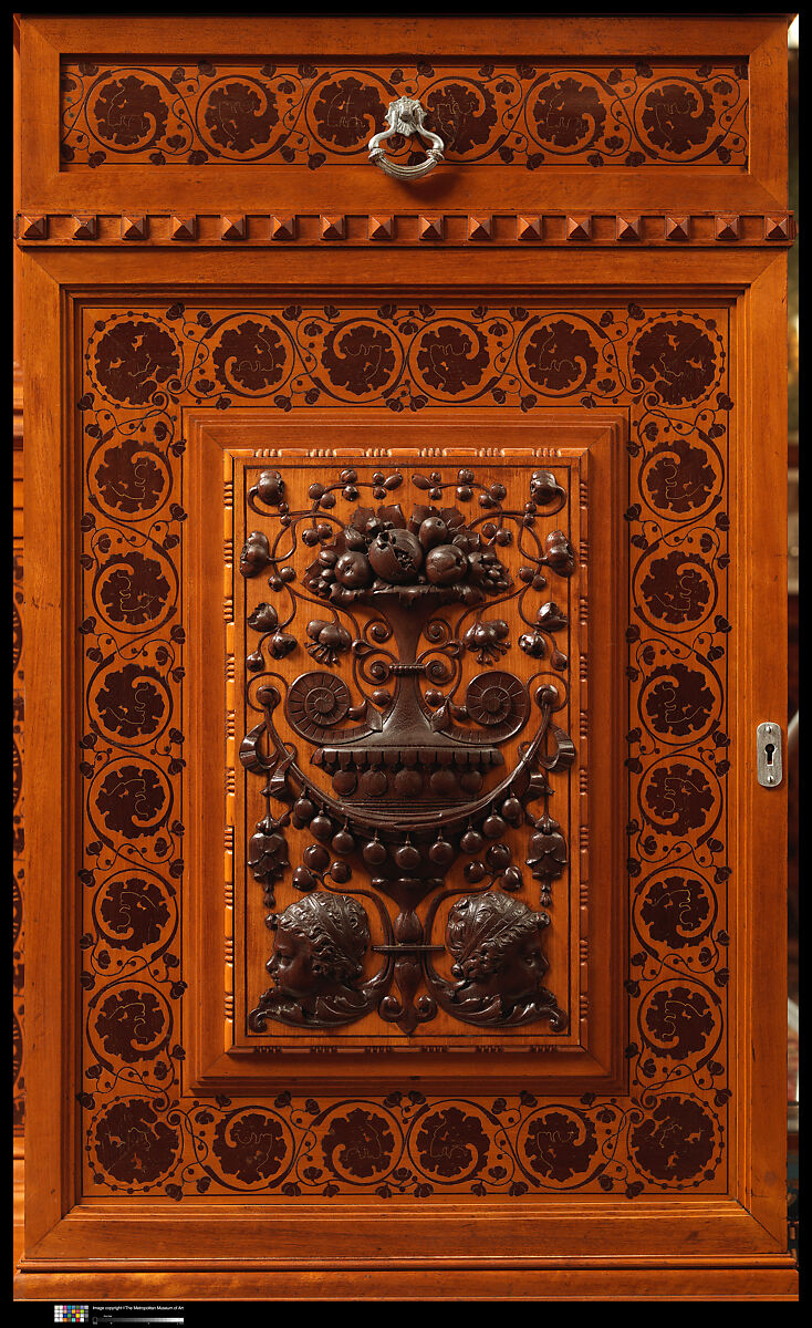 Architectural woodwork and paneling, George A. Schastey &amp; Co. (American, New York, 1873–1897), Satinwood, purpleheart, mother-of-pearl, silver-plated brass, mirrored glass, marble, and reproduction upholstery, American