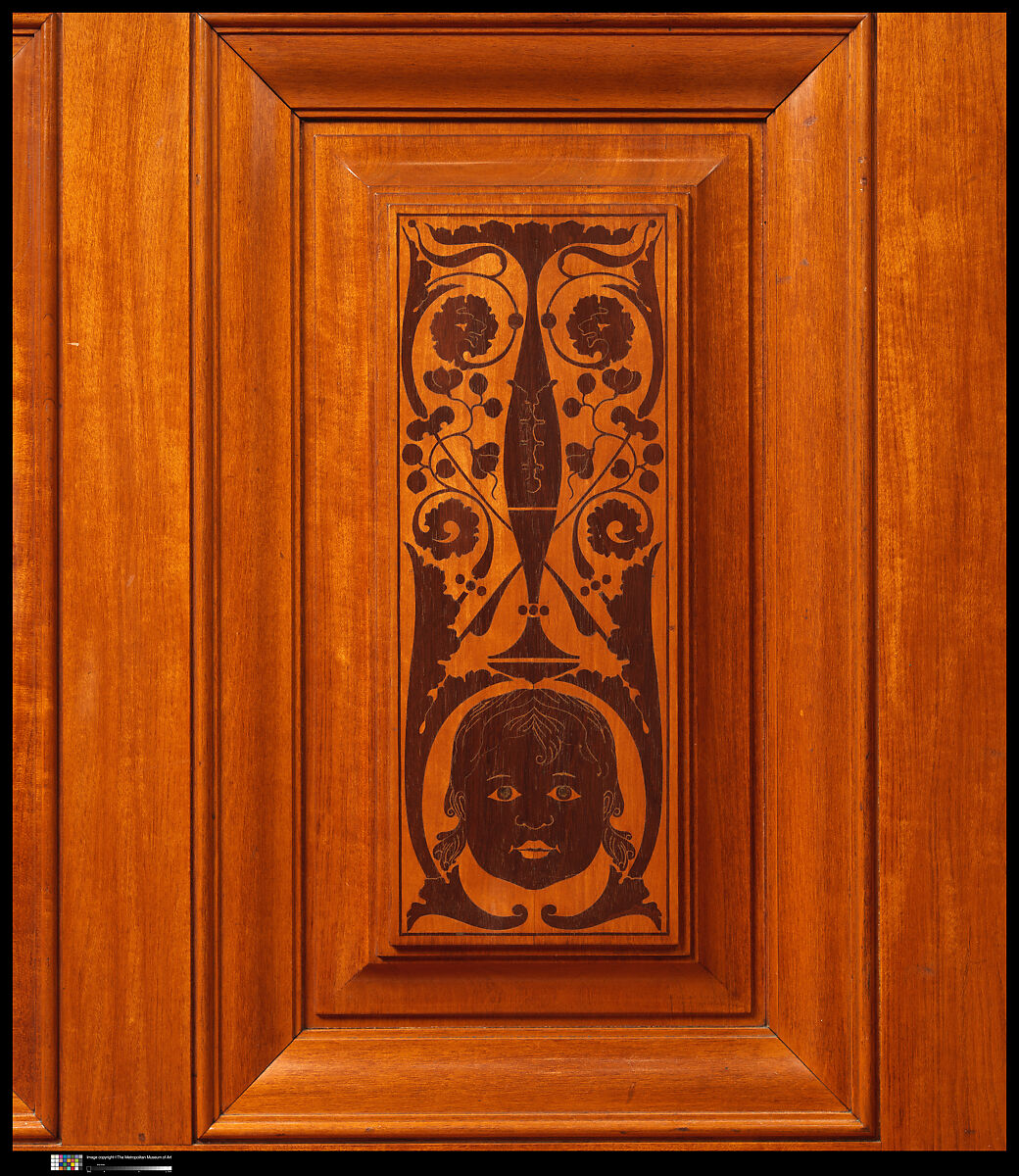 Architectural woodwork and paneling, George A. Schastey &amp; Co. (American, New York, 1873–1897), Satinwood, purpleheart, mother-of-pearl, silver-plated brass, mirrored glass, marble, and reproduction upholstery, American