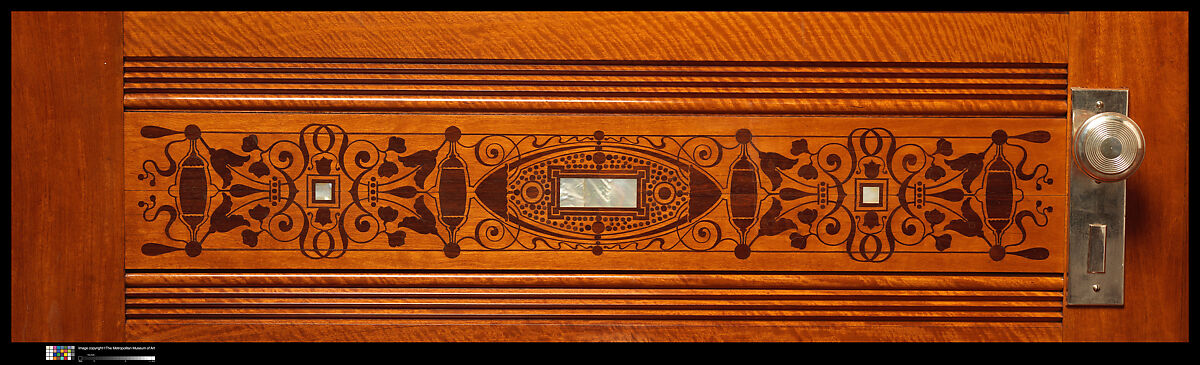 Architectural woodwork and paneling, George A. Schastey &amp; Co. (American, New York, 1873–1897), Satinwood, purpleheart, mother-of-pearl, silver-plated brass, mirrored glass, marble, and reproduction upholstery, American