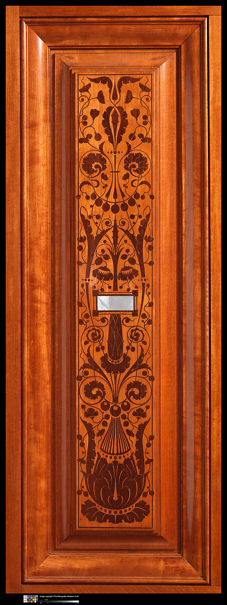 Architectural woodwork and paneling, George A. Schastey &amp; Co. (American, New York, 1873–1897), Satinwood, purpleheart, mother-of-pearl, silver-plated brass, mirrored glass, marble, and reproduction upholstery, American