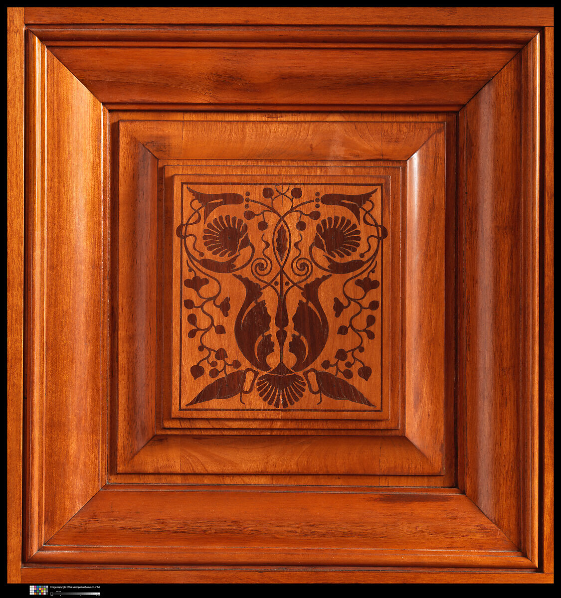 Architectural woodwork and paneling, George A. Schastey &amp; Co. (American, New York, 1873–1897), Satinwood, purpleheart, mother-of-pearl, silver-plated brass, mirrored glass, marble, and reproduction upholstery, American