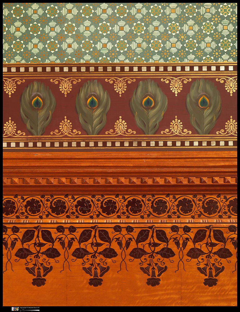 Architectural woodwork and paneling, George A. Schastey &amp; Co. (American, New York, 1873–1897), Satinwood, purpleheart, mother-of-pearl, silver-plated brass, mirrored glass, marble, and reproduction upholstery, American