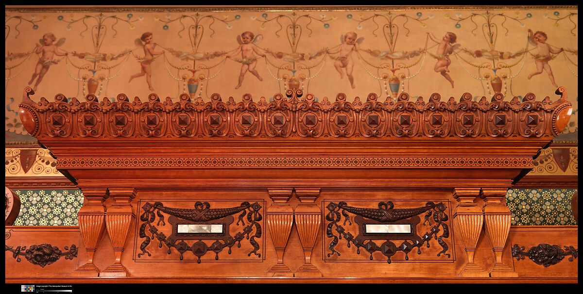 Architectural woodwork and paneling, George A. Schastey &amp; Co. (American, New York, 1873–1897), Satinwood, purpleheart, mother-of-pearl, silver-plated brass, mirrored glass, marble, and reproduction upholstery, American
