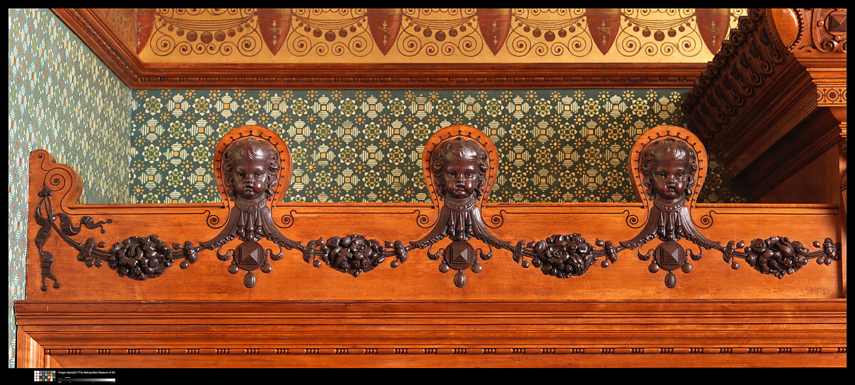 Architectural woodwork and paneling, George A. Schastey &amp; Co. (American, New York, 1873–1897), Satinwood, purpleheart, mother-of-pearl, silver-plated brass, mirrored glass, marble, and reproduction upholstery, American