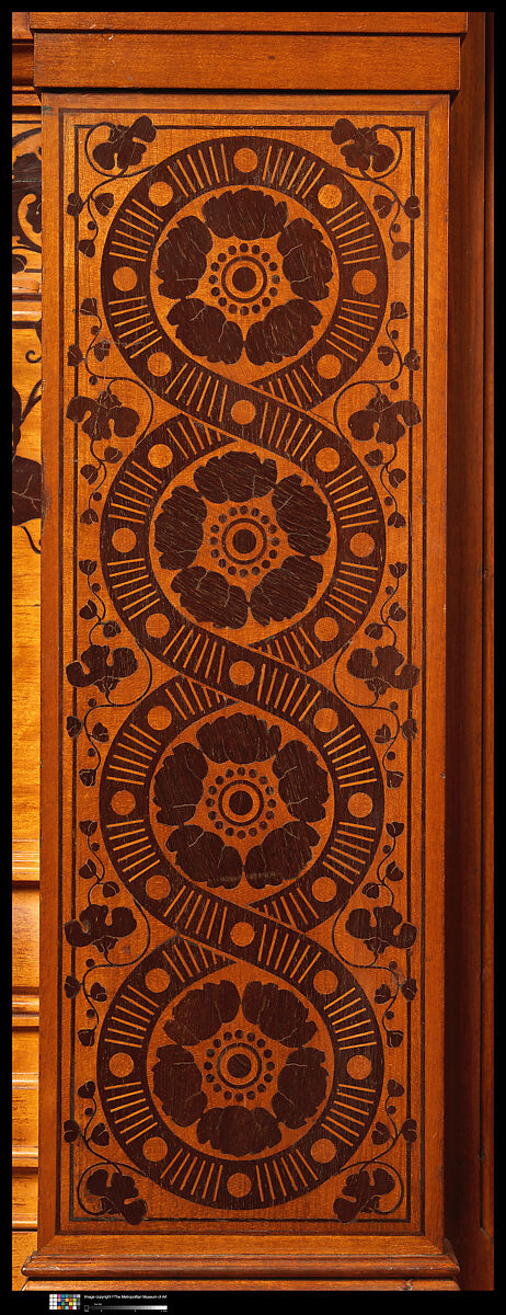 Architectural woodwork and paneling, George A. Schastey &amp; Co. (American, New York, 1873–1897), Satinwood, purpleheart, mother-of-pearl, silver-plated brass, mirrored glass, marble, and reproduction upholstery, American