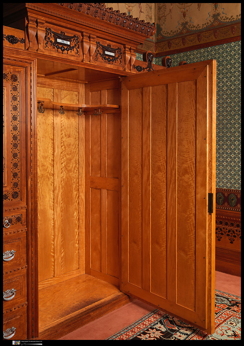 Architectural woodwork and paneling, George A. Schastey &amp; Co. (American, New York, 1873–1897), Satinwood, purpleheart, mother-of-pearl, silver-plated brass, mirrored glass, marble, and reproduction upholstery, American