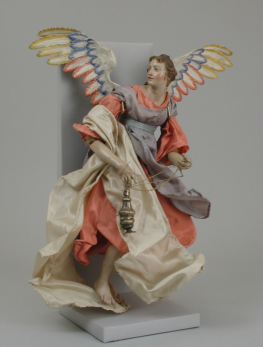 Angel, Lorenzo Mosca, Polychromed terracotta head; wooden limbs and wings; body of wire wrapped in tow; various fabrics, Italian, Naples