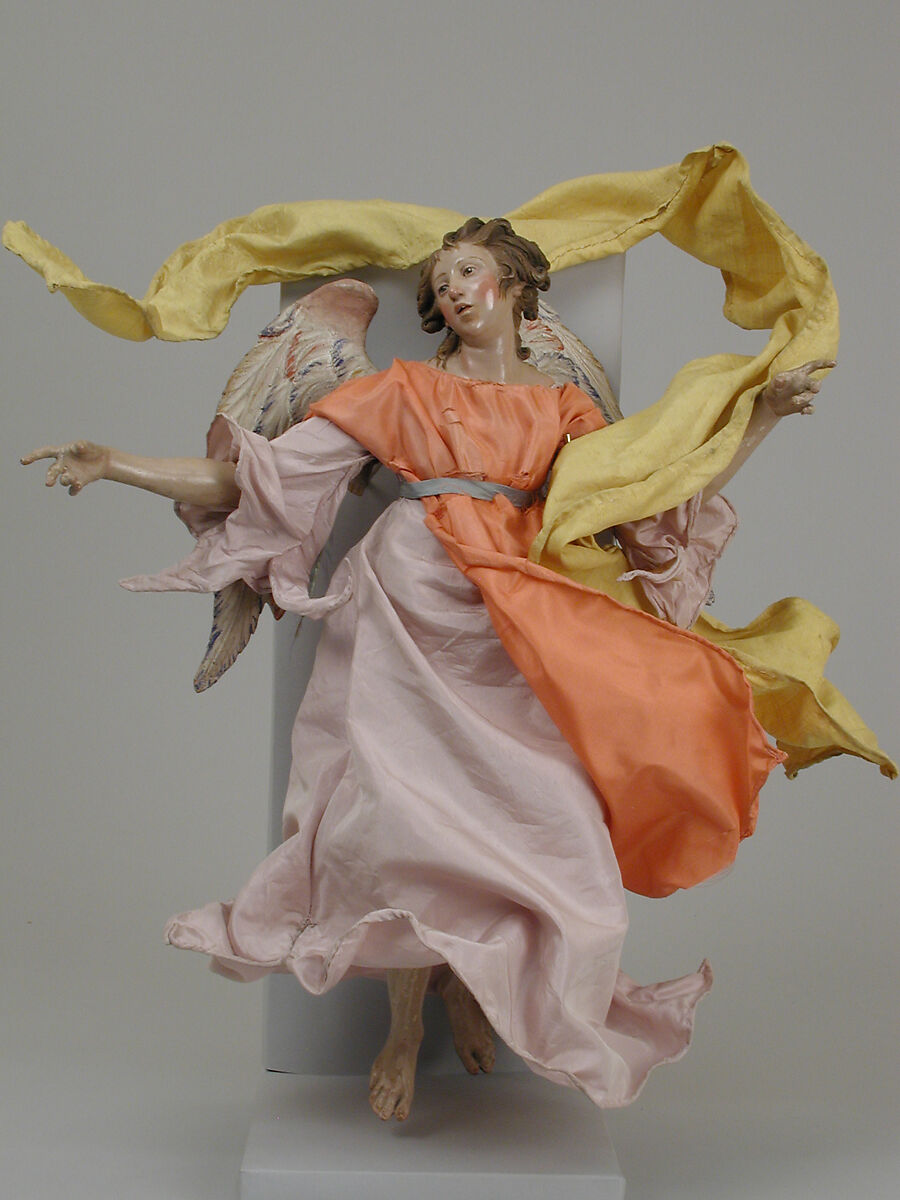 Angel, Angelo Viva  Italian, Polychromed terracotta head; wooden limbs and wings; body of wire wrapped in tow; various fabrics, Italian, Naples