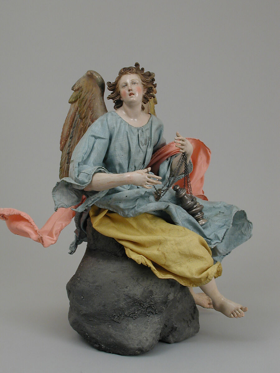 Angel, Attributed to Giuseppe Gori (active ca. 1770–1810), Polychromed terracotta head; wooden limbs and wings; body of wire wrapped in tow; various fabrics, Italian, Naples 