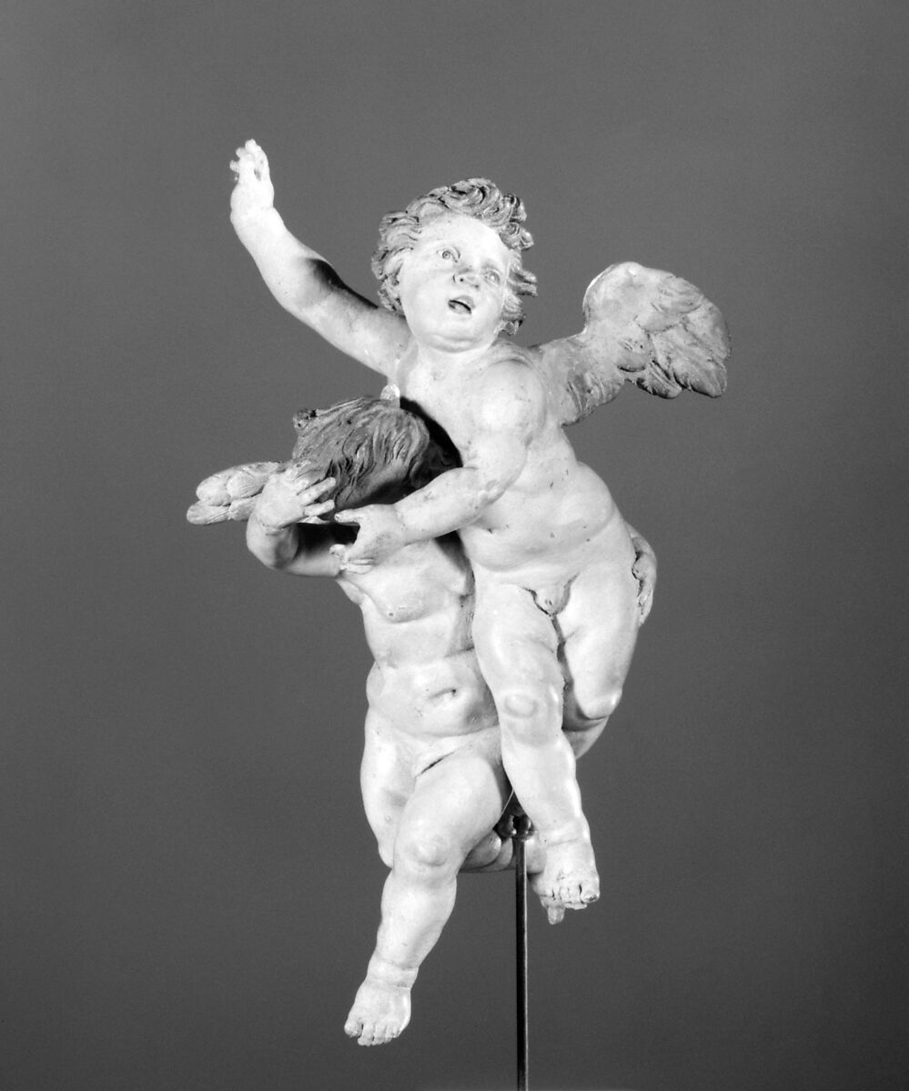 Joined pair of cherubs, Polychromed terracotta, Italian, Naples