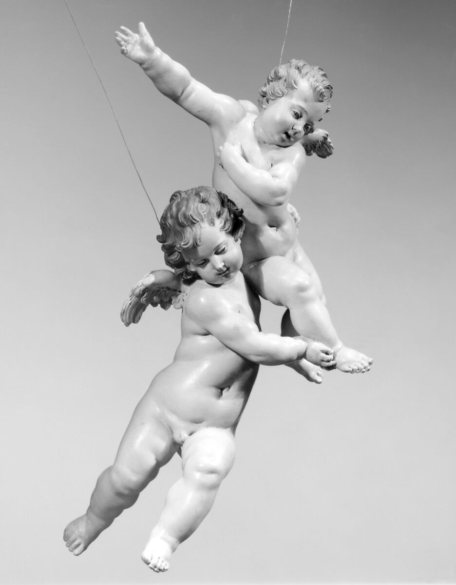 Joined pair of cherubs, Attributed to Giuseppe Sanmartino (Italian, 1720–1793), Polychromed terracotta, Italian, Naples