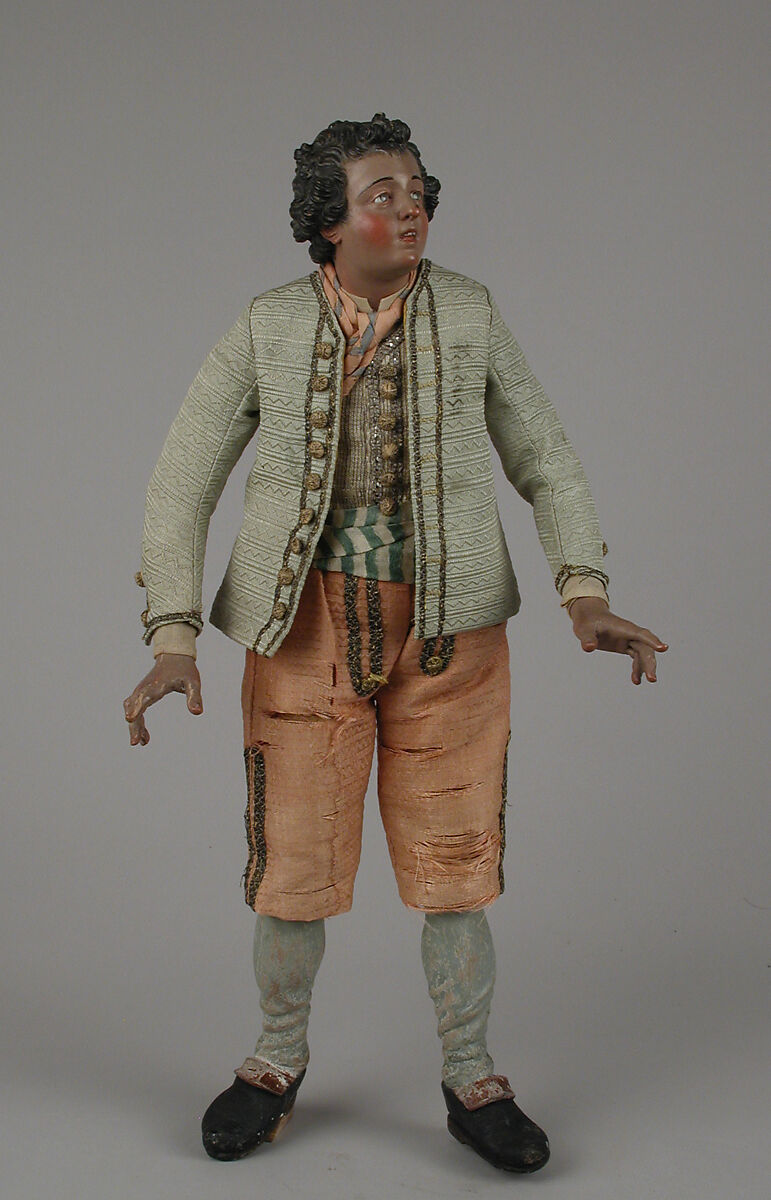 Man, Giuseppe Gori, Polychromed terracotta head and wooden limbs; body of wire wrapped in tow; silk and linen fabrics; gold and silver metallic thread, Italian, Naples