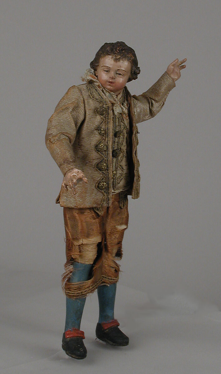 Boy, Polychromed terracotta head and wooden limbs; body of wire wrapped in tow; various fabrics; silver and metallic thread; leather hat with silk lining, Italian, Naples 