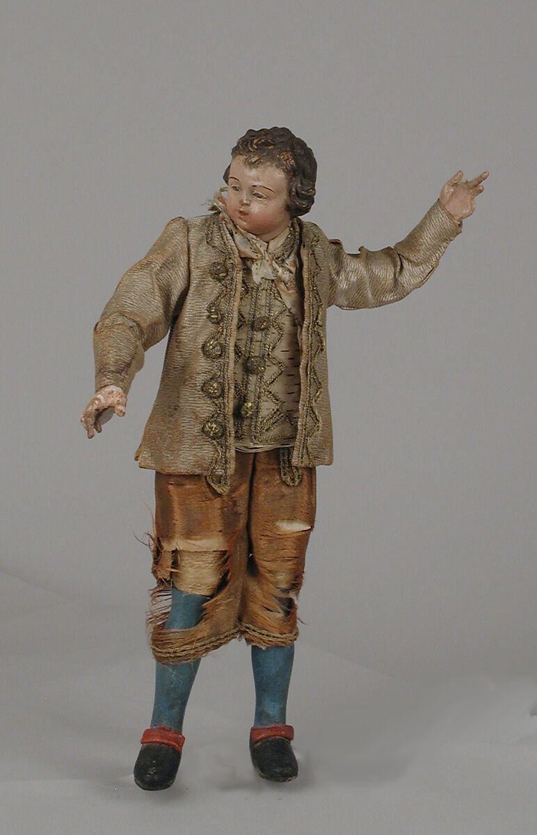 Boy, Polychromed terracotta head and wooden limbs; body of wire wrapped in tow; various fabrics; silver and metallic thread; leather hat with silk lining, Italian, Naples