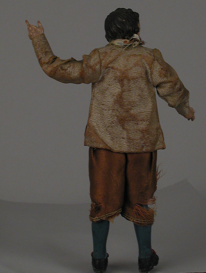 Boy, Polychromed terracotta head and wooden limbs; body of wire wrapped in tow; various fabrics; silver and metallic thread; leather hat with silk lining, Italian, Naples
