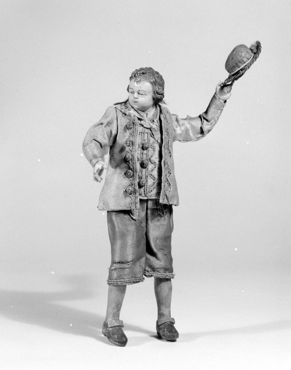 Boy, Polychromed terracotta head and wooden limbs; body of wire wrapped in tow; various fabrics; silver and metallic thread; leather hat with silk lining, Italian, Naples